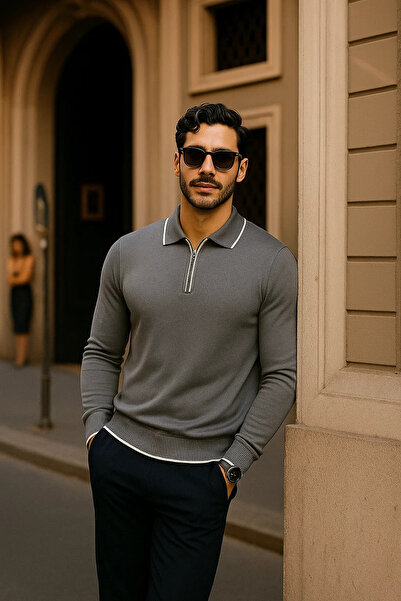 comstar Men's Zippered Smoked Long Sleeve Polo Neck Knitwear Sweater