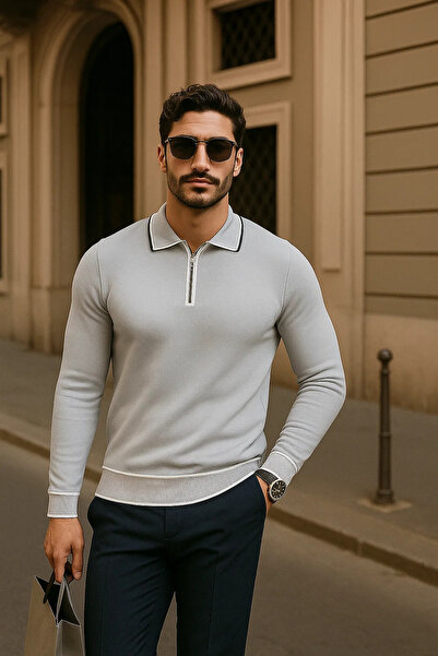 comstar Men's Zippered Gray Long Sleeve Polo Neck Knitwear Sweater