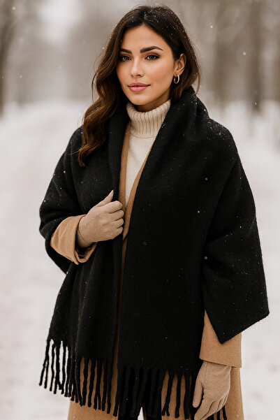 Luminos Butik Black Tassel Scarf – Shawl and Wide Construction, Ideal for Cold Weather Sal1296