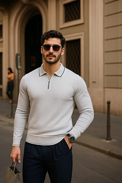 comstar Men's Zippered Gray Long Sleeve Polo Neck Knitwear Sweater