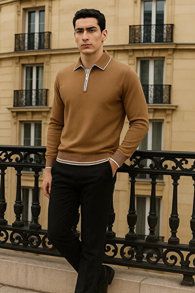 comstar Men's Trend Zippered Camel Long Sleeve Polo Neck T-Shirt