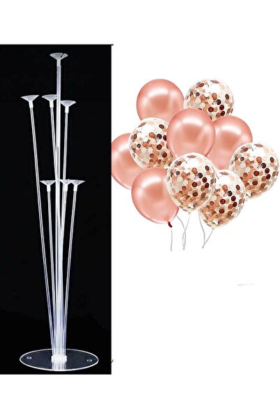 Parti Zamanı 7 Balloon Stands and 10 Rose Gold and Transparent Confetti Balloons Set
