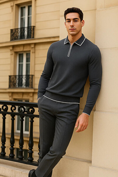 comstar Men's Trend Zippered Smoked Long Sleeve Polo Neck T-Shirt