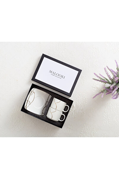 Malooki Set 2 Porcelain Coffee Cups 150 ml with Square Saucer – Gold Marble Infinity