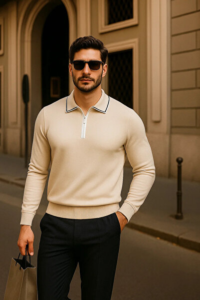 comstar Ανδρικό πλεκτό πουλόβερ με φερμουάρ, μπεζ μακρυμάνικο με λαιμόκοψη πόλο