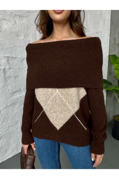 Elif Özbey Butik Bitter Brown Open Collar Baklava Pattern Sweater