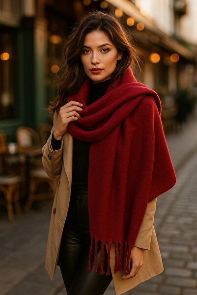 Luminos Butik Burgundy Tassel Scarf – Shawl and Wide Construction, Ideal for Cold Weather Sal1296