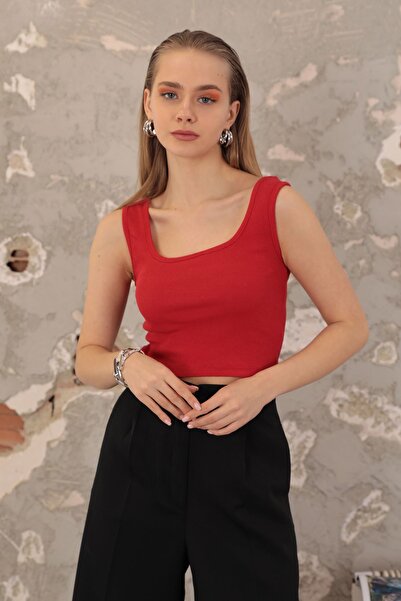 Moda1001 Cactus Ribbed Knit Fabric Halter Neck Sleeveless Women Crop Blouse - Red-Red - Standard