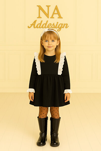 NA ADDESIGN Детска рокля с дълги ръкави от черна двойна креп дантела за празника Ейд (ЧЕРНО-ЧЕРВЕНА)