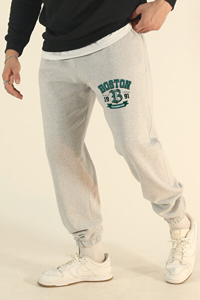 EydaMoon Men's Boston Printed Winter Cotton Jogger Sweatpants with Elasticated Cuffs