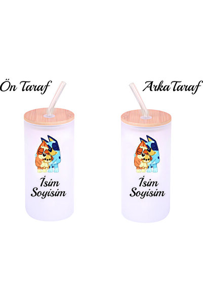 Kreax Kişiye Özel Bluey Temalı Buzlu Pipetli Cam Suluk