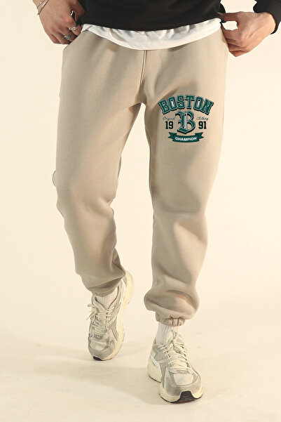 EydaMoon Ανδρικό παντελόνι Boston Written Winter 3 Thread Elastic Jogger με ελαστικό κάτω μέρος