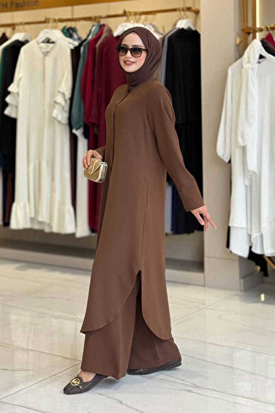 Bym Fashion Buttoned Pocket Tunic and Trousers Double Set 8682 Brown
