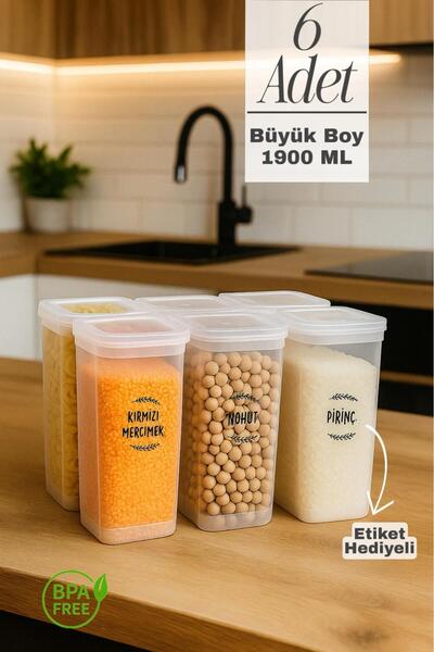 Funny Life 6-Piece Large Size Labeled Food Storage Container - Storage Container - Legume Storage Container Set 1900 ml