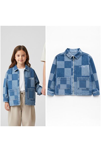 Magu Unisex Children's Cotton Blue Square Patterned Zippered Denim Jacket – Stylish Casual Style
