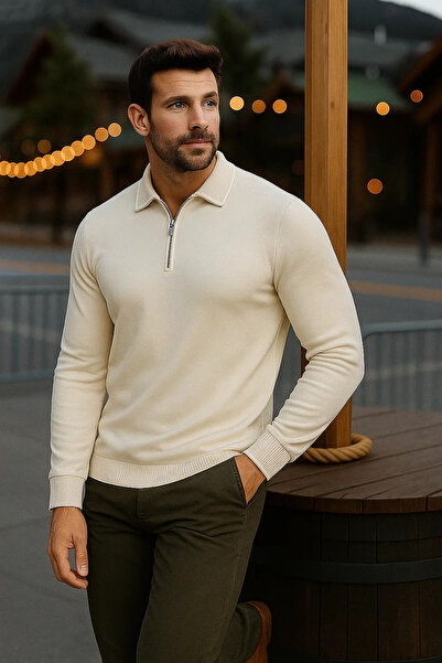comstar Ανδρικό πουλόβερ με μακρυμάνικο κρεμ γιακά πόλο