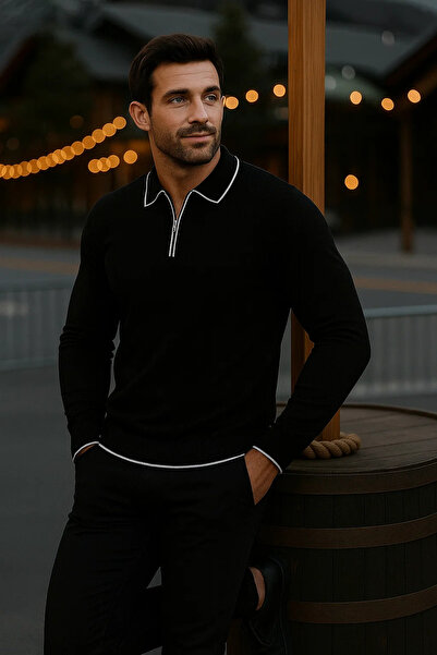 comstar Men's Casual Long Sleeve Black Polo Neck Sweater