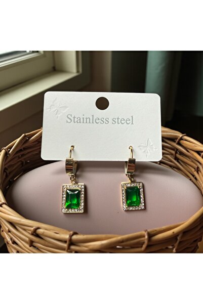 liore dünyası Zümrüt Yeşili Taşlı Dikdörtgen Model Paslanmaz Çelik Küpe – Kararma Yapmaz