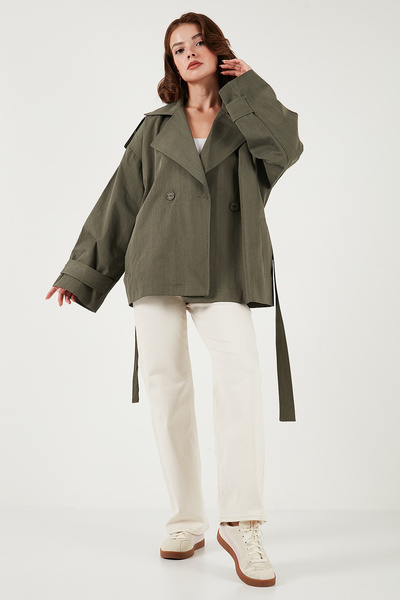 Lela Oversized Fit Double-Breasted Lapel Belted Buttoned Trench Coat Trench Coat 6839609