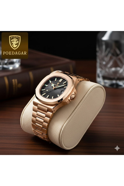 Goldwatches Lüks Rose Gold Tasarım Erkek Kol Saati - Siyah Kadran, Fosforlu, Takvimli, 3 ATM Su Geçirmez Saat