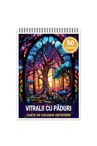 Legendary Gifts Carte de colorat antistres, 50 de ilustrații cu vitralii și păduri, format A4