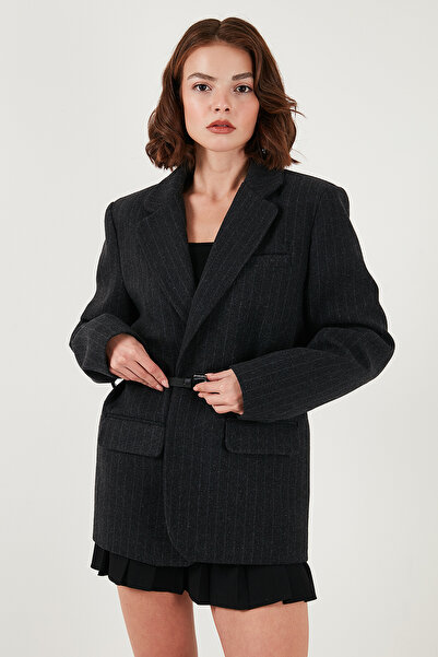 Lela Striped Wool Blend Oversized Fit Double-Breasted Collar Belted Jacket Jacket 6839634