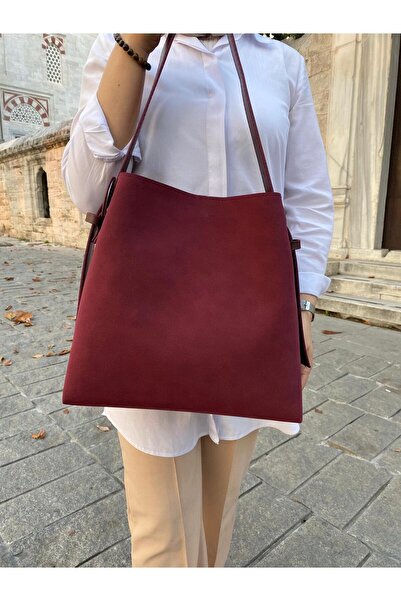 H&D COLLECTİON Suede Buckle Detailed Tan Large Size Women's Shopper Shoulder Bag