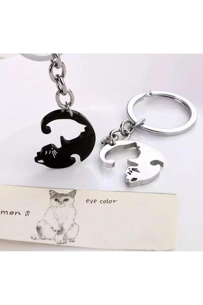 Herşey Nota سلسلة مفاتيح مزدوجة على شكل قطة مستديرة - مجموعة سلسلة مفاتيح معدنية للعشاق والأصدقاء