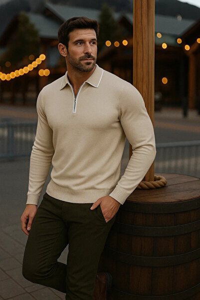 comstar Ανδρικό πουλόβερ με μακρυμάνικο μπεζ γιακά πόλο