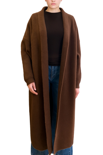 Qualia Butik سترة نسائية طويلة بياقة شال من التريكو الناعم