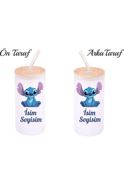 Kreax Kişiye Özel Stich Temalı Buzlu Pipetli Cam Suluk