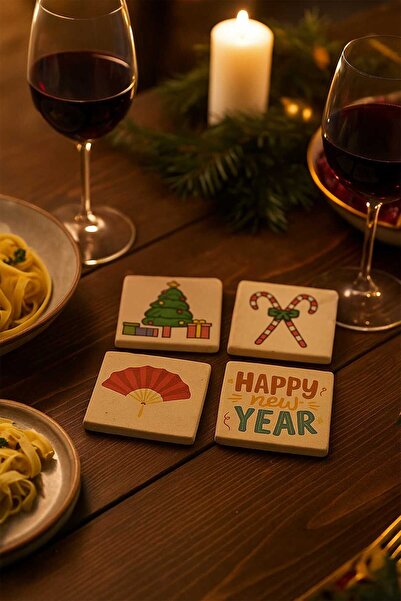 Otaera مجموعة قواعد أكواب من الترافرتين بتصميم السنة الجديدة (4 قطع) - طباعة ...