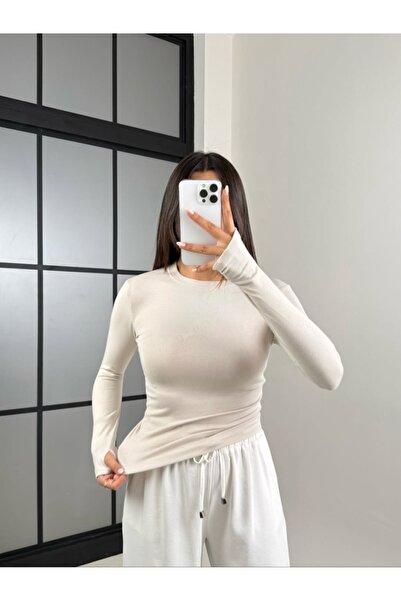 Lovely butik Women's Basic Finger-Inserted Cycling Necklace Long Sleeve Blouse Tok Fabric