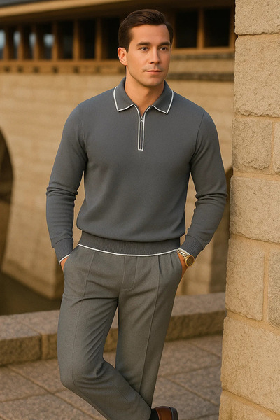 comstar Men's Striped Trend Long Sleeve Smoked Polo Neck Sweater