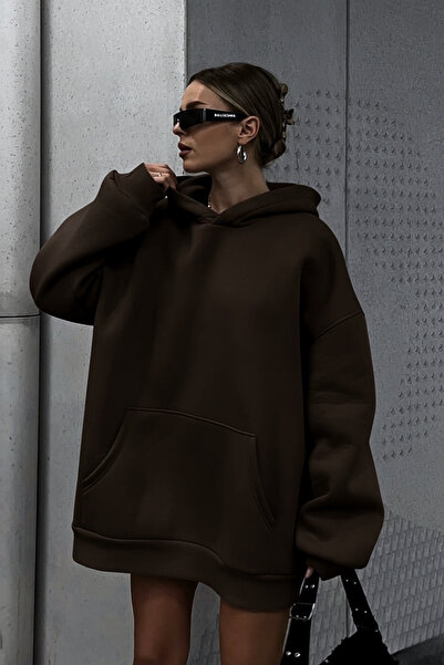 GUARAZ Унисекс кафява мека материя, широка кройка, подплатена с флис, суитшърт с качулка