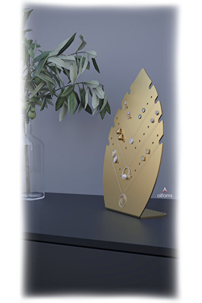 alfams by fmsa Leaf Shaped Earring Stand Metal Jewelry Organizer, Desktop Organizer Gold