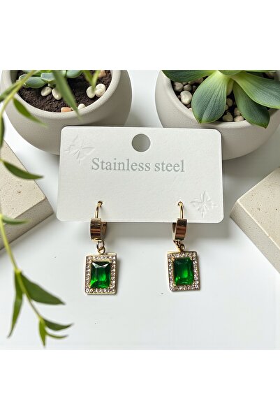 liore dünyası Zümrüt Yeşili Taşlı Dikdörtgen Model Paslanmaz Çelik Küpe – Kararma Yapmaz