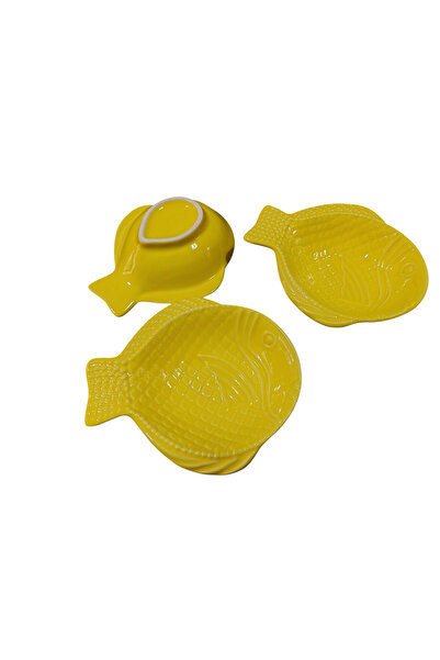 Ganita home Snack Plate Set of 3, Presentation Set & Breakfast Plate, Fish Form Yellow