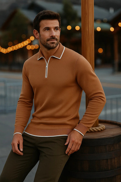 comstar Мъжки пуловер с дълъг ръкав и поло яка в цвят кафе