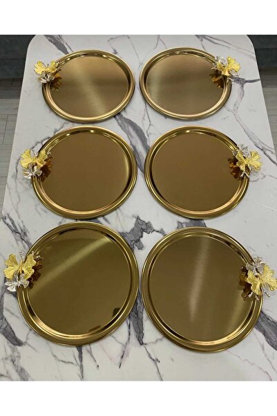 kumsal home züccaciye LÜX 6 LI YUVARLAK GOLD SÖZ NİŞAN KAHVE ÇAY DEKORATİF VE ÇOK AMAÇLI SUNUM TEPSİ