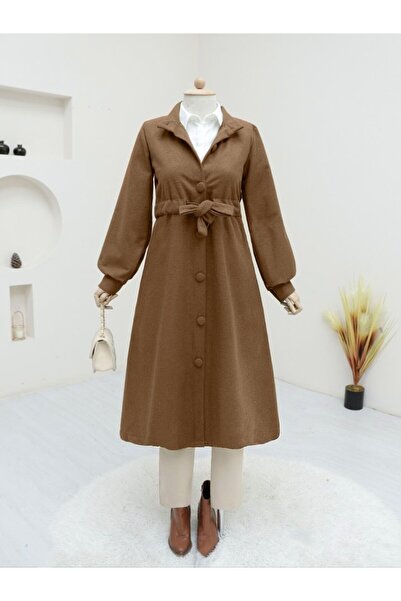 Moda Ebrar Buttoned Cashmere Coat with Belt - Cinnamon