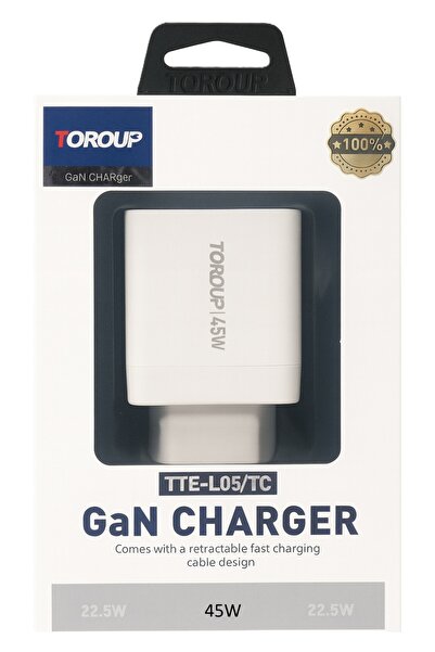 Toroup 2-port charger with retractable cable 45W GaN45W, USB-A and USB-C, universal