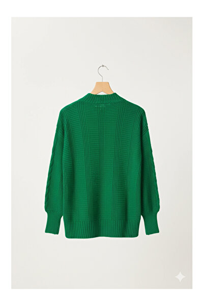 Namaste Vintage Green Color Knit Detailed Balloon Sleeve Knitwear Cardigan