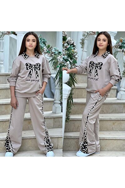 Bisahane Girl's Bowknot Leopard Patterned Top and Bottom Set