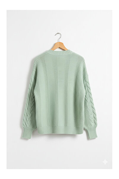 Namaste Vintage Water Green Color Knit Detailed Balloon Sleeve Knitwear Cardigan