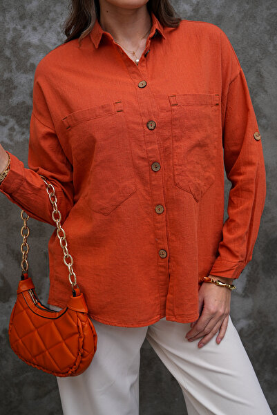 FancyWorld Cămașă cu mânecă pliabilă cu nasturi din lemn, buzunare duble, 75%...