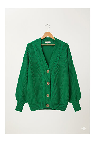 Namaste Vintage Green Color Knit Detailed Balloon Sleeve Knitwear Cardigan