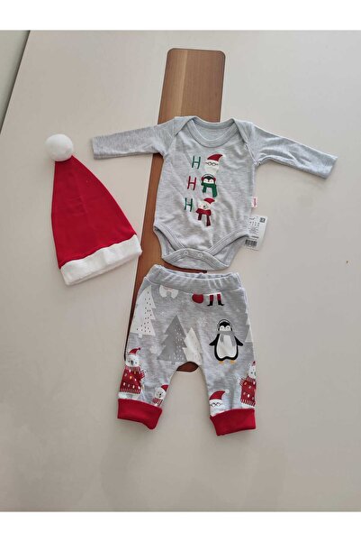 Agucuk Baby Penguin and Bear Printed Hat, New Year's Concepted Snapback Cap, Unisex 3-Piece Baby Set