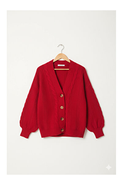 Namaste Vintage Red Color Knit Detailed Balloon Sleeve Knitwear Cardigan