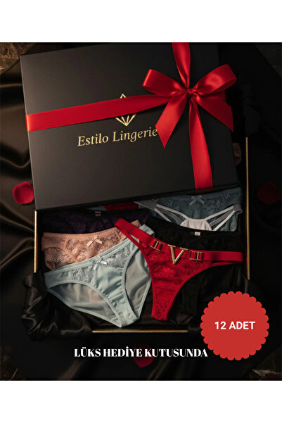 Estilo Lingerie 12 Pieces Assorted String Thong Panties, New Year, Valentine's Day Gift, Advent Calendar (in Luxury Gift Box)
